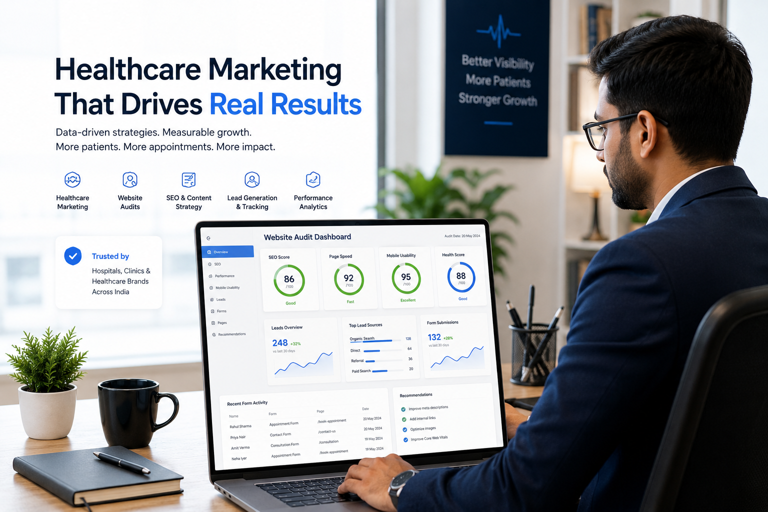 Healthcare SEO audit dashboard and website optimization workspace